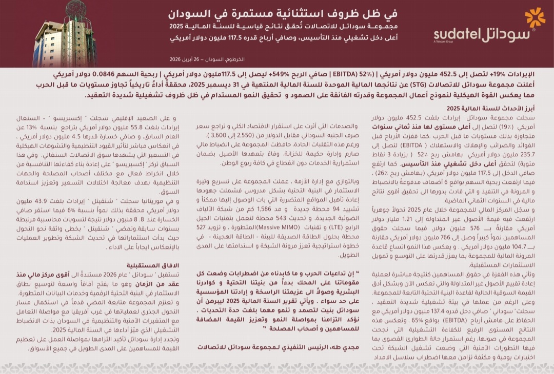 سوداتل تسجل طفرة غير مسبوقة في الأرباح